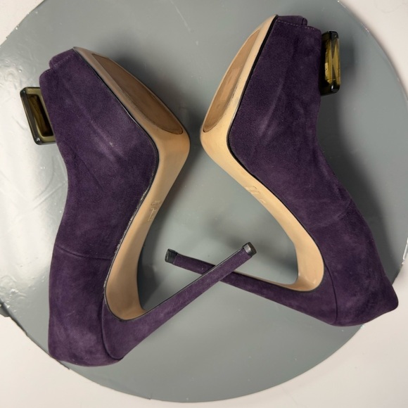 Miu Miu Purple Suede Crystal Embellished Peep Toe Platform Pumps Size 38 - Picture 6 of 11